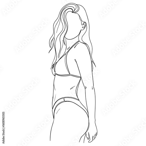 Minimalist line art drawing of a woman in a bikini on a white background swimsuit