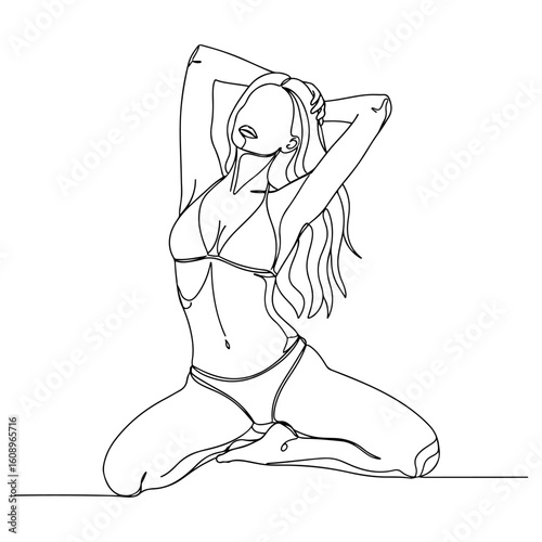 Single line drawing of a woman in a bikini kneeling with hands behind head continuous line