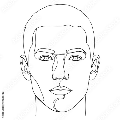 Single line drawing of a young mans face with short hair and detailed features portrait line art