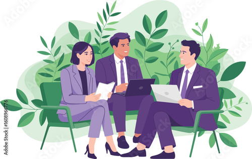 Diverse business professionals collaborating and discussing ideas in a modern office setting with greenery
