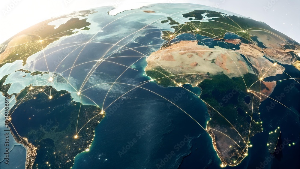 Fototapeta premium The image shows a digital representation of Earth, emphasizing connectivity with glowing lines connecting different continents like Africa, Europe and South
