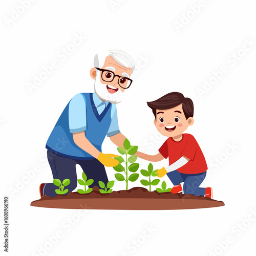 Joyful grandfather and his grandson planting young seedlings together in a garden, a heartwarming moment of intergenerational family bonding.