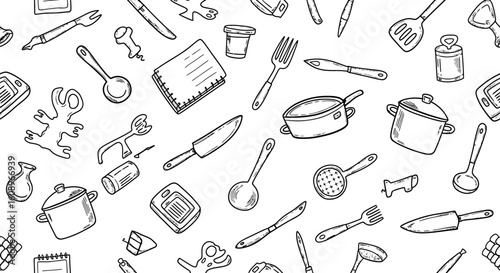 Kitchenware Doodle Pattern: Hand-Drawn Utensils and Cooking Elements Background