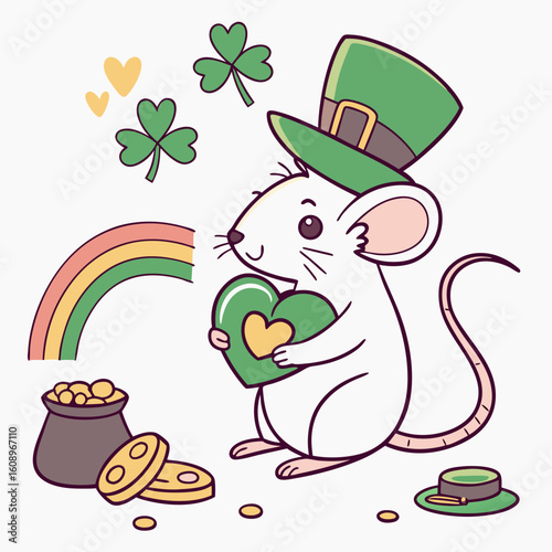 Playful Mischievous Rat design, styled with holding a heart and Clover Cheer shades in a St. Patrick's Day setting