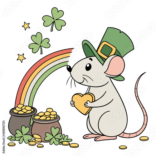 Playful Mischievous Rat design, styled with holding a heart and Clover Cheer shades in a St. Patrick's Day setting