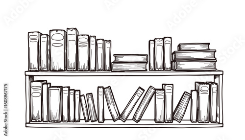 Bookshelf with various books in sketch style, black and white  