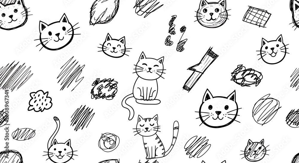 Obraz premium Seamless Pattern with Hand Drawn Cats and Scribbles on White