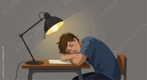 Tired schoolboy resting on desk under lamp in flat art style  