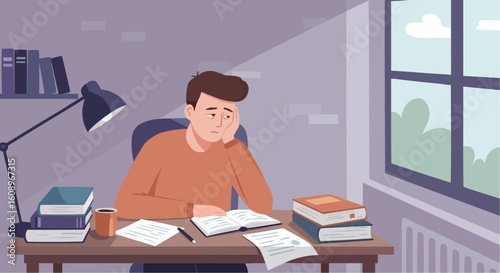 Schoolchild studying at desk with books and looking thoughtful indoors  