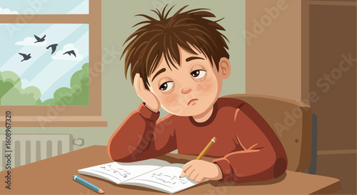 Young schoolboy studying with pencil looking bored at desk indoors  