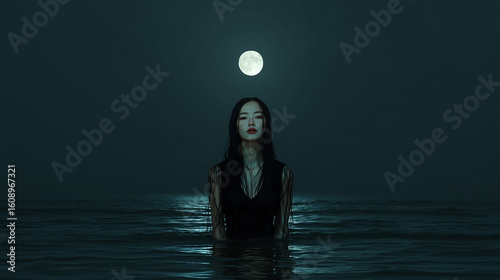 Midnight horror in the middle of the dark ocean sea lit full moon asian women ghost water spirit eerie scary pale face dark black dress