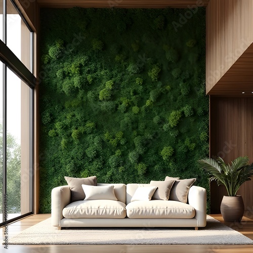 A high ceiling home interior with lush biofilic wall 