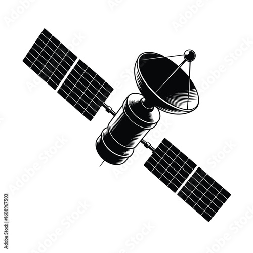 Detailed illustration of a modern satellite with solar panels and dish antenna