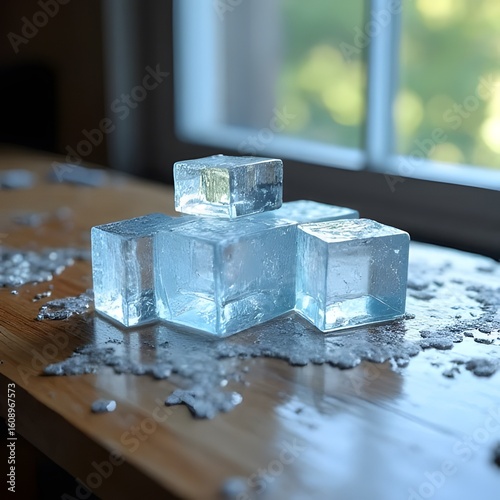 ice cubes on a wooden background