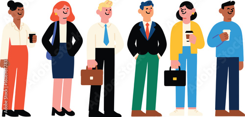 Business people diverse team standing together holding coffee and briefcases casual and professional office colleagues flat vector illustration
