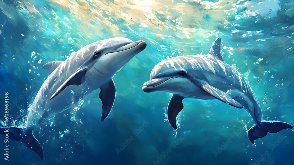 Obraz premium Charming fantasy concept artwork depicting friendly dolphins leaping and swimming gracefully in vibrant, sparkling ocean waters with soft ethereal lighting and colorful marine life