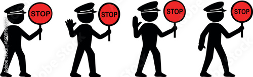 Collection of Black Silhouette Figures Holding Red Stop Signs, Traffic Control