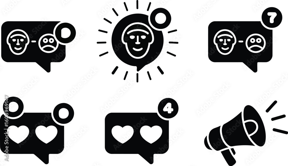 Naklejka premium Black and white web icon set with business and technology symbols like phone, camera, and computer, featuring cartoon character and 3D design concepts