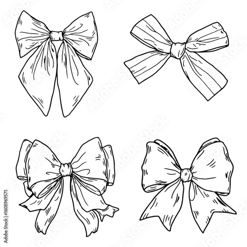 Satin ribbon bow, silhouette set, black and white sketch. Vector illustration. Flirty knot, isolated onbackground. Elegant, feminine design element for birthday, new year, valentine's day and wedding