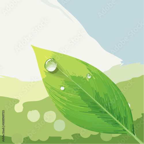 Artistic illustration of a fresh green leaf with a clear water droplet, evoking a sense of purity and nature's morning dew.