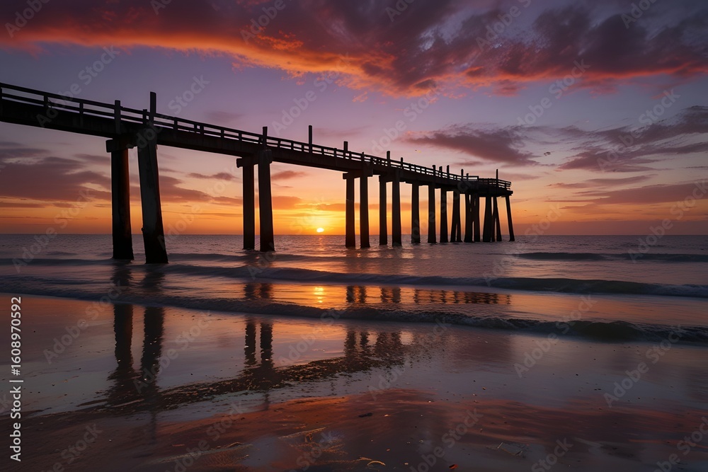 Sunset or sunrise landscape, panorama of beautiful nature, beach with colorful red, orange and purple clouds reflected Sunset or sunrise landscape, panorama of beautiful nature, beach with colorful red, orange and purple clouds reflected