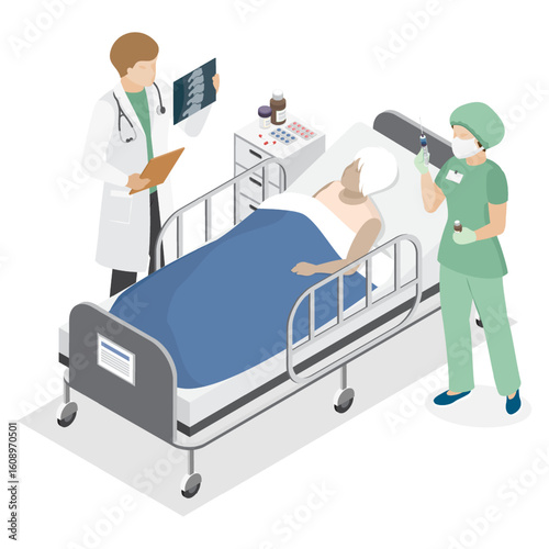 Elderly woman with back pain. Old lady in the hospital. Female patient on medical bed in the care of medical personnel. 3d isometric flat illustration.
