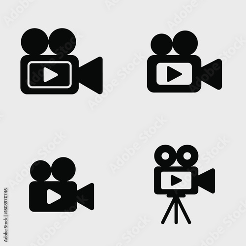Four Black and White Film Camera Icons on Grey Background Simple Movie Video Recording Symbols Set