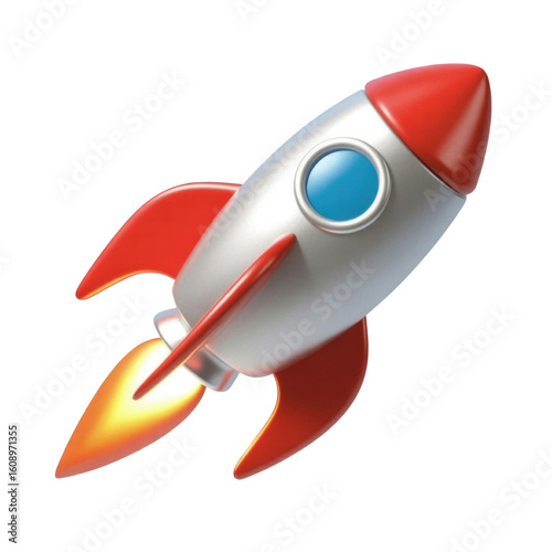 Colorful rocket emoji with red fins and flames against a solid black background illustration