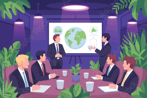Diverse business team in modern office with lush greenery and global presentation on screen
