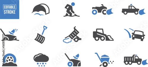 Construction & Cleaning Icon Set – Tractor, Worker, Broom, Shovel, Site, Cart, Hard Hat, Cleaning, Maintenance, Manual Work, Vector Symbol Pack