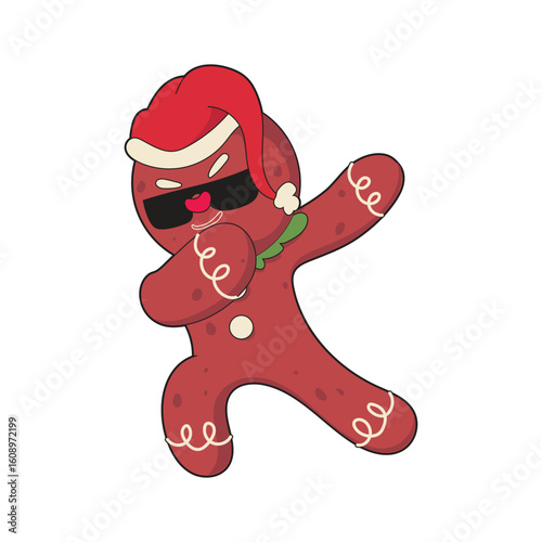 Gingerbread cartoon cookie character in a dab pose, wearing Santa hat and dark sunglasses. Great for Christmas-themed designs, kids projects, festive products, and more.