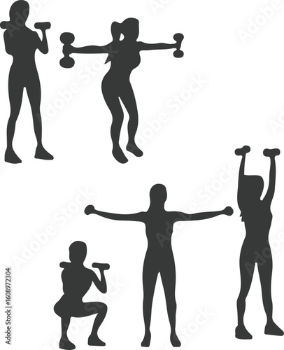 Woman exercising with dumbbells in various fitness poses silhouette