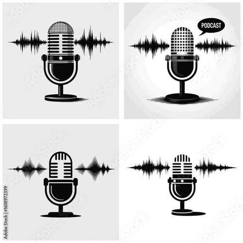 Four Black Retro Microphone Icons with Sound Waves on Light Gray Backgrounds Podcast Broadcasting Audio Recording Studio Equipment Vintage