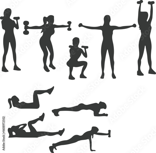 Silhouette of women exercising with weights and doing floor exercises