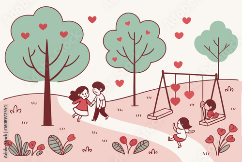Couple walking in park with children on swings