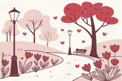 Romantic park scene with blooming tulips and heart shapes