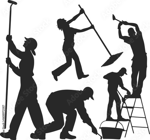 Silhouettes of construction workers performing various tasks on a white background