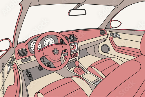 Interior view of a car with pink and beige seats