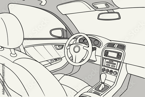 Modern car interior view with steering wheel and dashboard