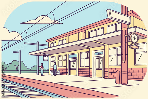 People waiting at a train station platform with building and tracks