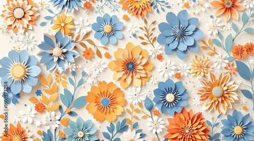 Stunning paper flower arrangement with vibrant orange, blue, and white blooms creating a cheerful, delicate design