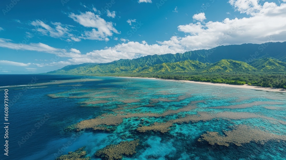 Fototapeta premium aerial view of hawaiian coastline with vibrant coral reef