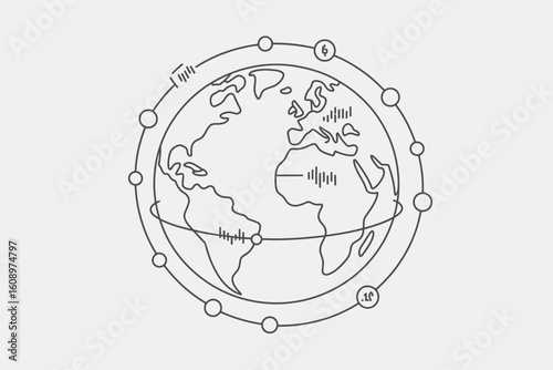 Stylized outline of planet earth with orbiting satellites representing global connectivity
