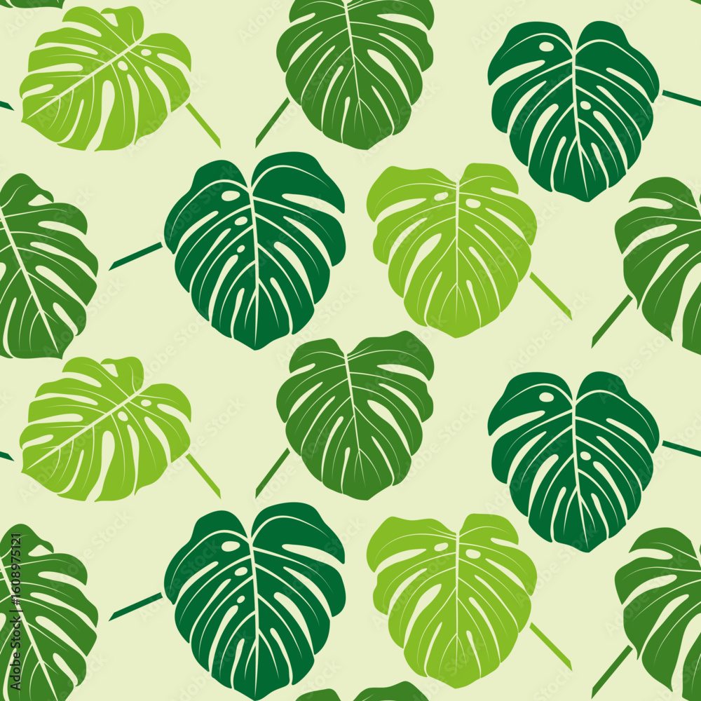 Seamless background, pattern, cheerful green monstera leaves. Seamless background, pattern, cheerful green monstera leaves.