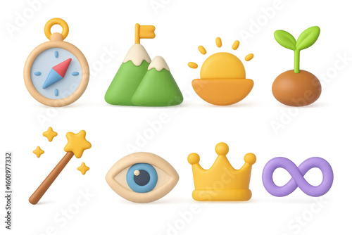 Colorful 3d icon set with nature, adventure, and symbolic elements
