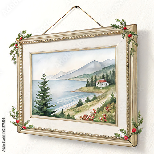 Hanging Clipart Happy Holiday Picture Frame at the Seaside Home in Nature's Tranquil Landscape