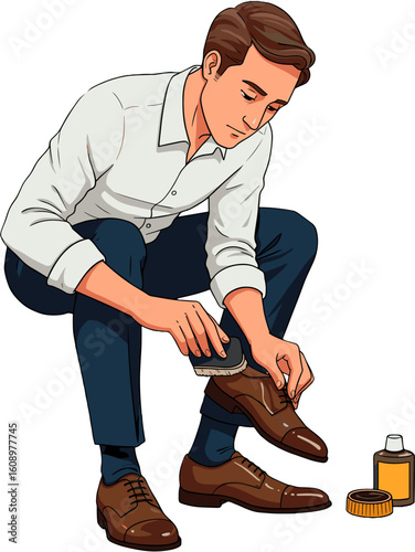 Man carefully polishing his shoe to a perfect shine.