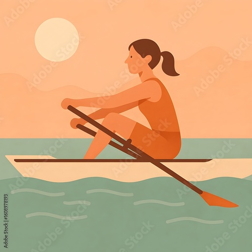 Flat Vector Illustration of a Female Athlete Rowing at Sunrise
