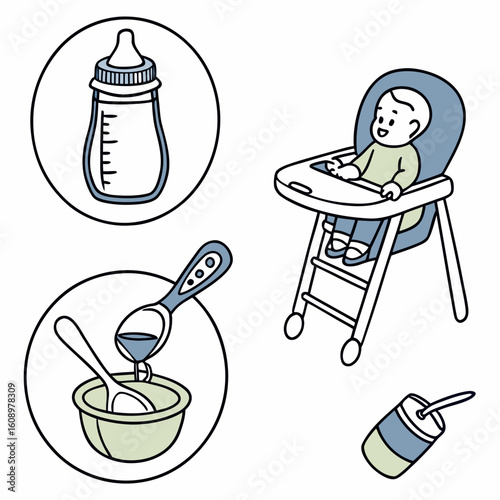 Baby feeding essentials bottle spoon bowl highchair sippy cup vector