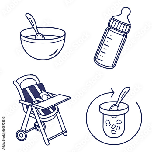 Baby feeding essentials bowl spoon bottle highchair sippy cup vector
